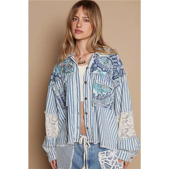 NWT POL Printed Woven Mix Raw Hem Jacket with Lace Detail